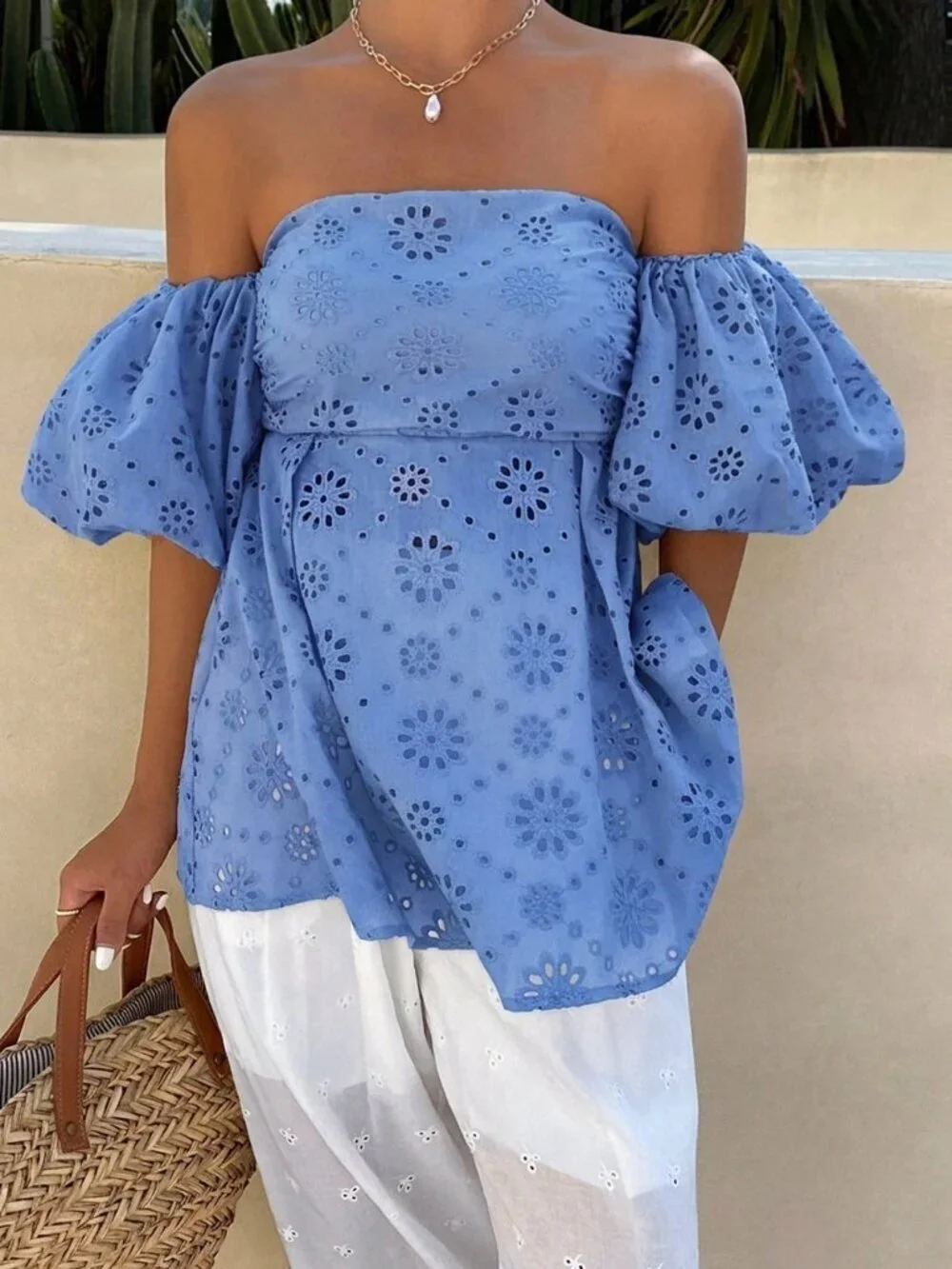 Blue Boho Women's Off Shoulder embroidered blouse